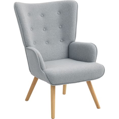Lounge-Sessel aus Bouclé-Stoff, gesteppter und gepolsterter Sessel mit Holzbeinen, 71 x 74 x 96 cm, hellgrau