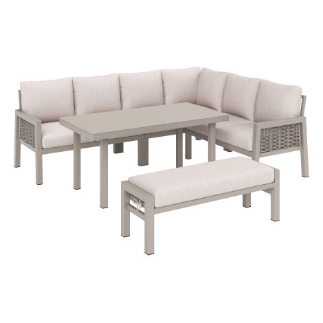 Salon de Jardin Encastrable 8 Personnes Angle Table en Verre et Banc Canapé Khaki Résistant en Fer Galvanisé et Corde en Résine Tressée à la Main (1/5)