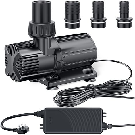 Pompe de bassin 6000 L/H, pompe de fontaine silencieuse 24 V basse tension avec convertisseur AC/DC, 4 adaptateurs de tuyau pour étangs de jardin, aquariums, fontaines, caractéristiques (1/5)