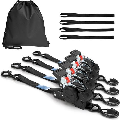 Lot de 4 Sangles à cliquet rétractables, Sangle Moto remorque, Noir 3m 25mm d'arrimage à rétraction Automatique, avec Crochets en S, 700KG de résistance à la Rupture, pour Camion, Moto, Vélo (1/5)