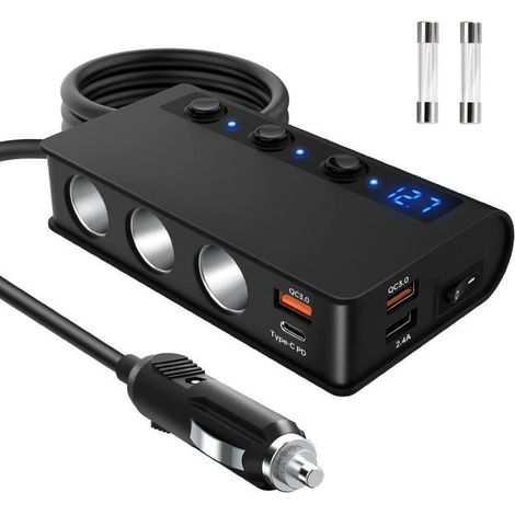 (Noir)Adaptateur de voiture - Non spécifié - 3 Prises Allume Cigare 180W - 2 Ports QC3.0 - Port Type-C PD 20W