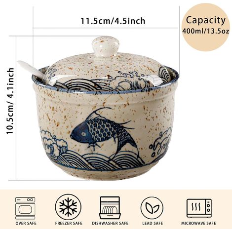 Sucrier en céramique JeiibrZui avec cuillère - 430 ml - Pot à épices en porcelaine blanche avec couvercle - Pot de rangement robuste pour la cuisine et le coin café (1/5)