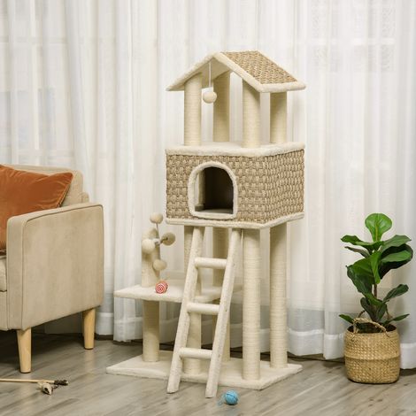 Arbre à chat en sisal et peluche khaki avec niche, pour griffer, se reposer et grimper, 69 x 40 x 131 cm (1/5)