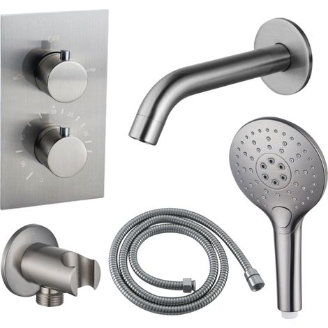 FugaFlow Eccelente Ensemble robinet de baignoire Acces - bec - 22cm raccourcissable - flexible métallique - douchette ronde - corps encastré - support