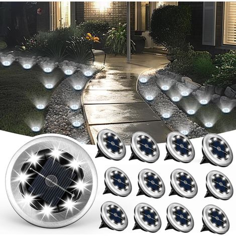 Lot de 12 lampes solaires encastrées au sol rondes, lumière blanche, cadre acier inoxydable, diamètre 7 cm (1/5)