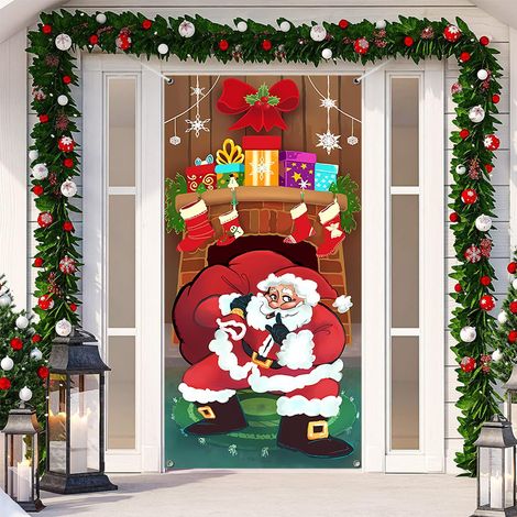 Santa Claus Door Cover Christmas Outdoor Decorations Hanging Cloth Door Cover New Year Party Decoration for Winter Holiday Decoration Front Door Home(200CM ×90CM)