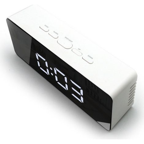 Reloj despertador digital con espejo LED, función de repetición, indicador de temperatura, 3 niveles de brillo y modo nocturno para dormitorio. (1/5)