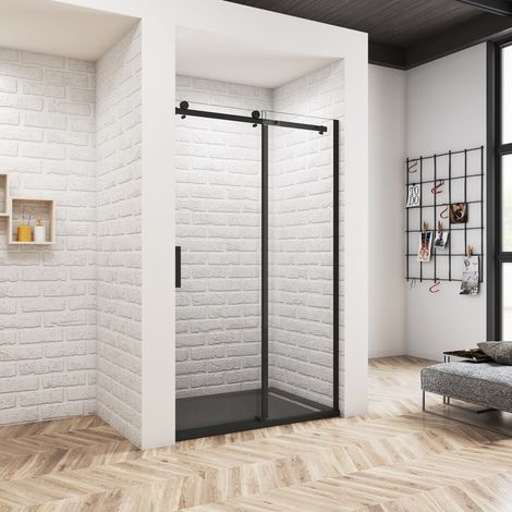 Océan Porte de douche coulissante 100cm pour niche - Verre anticalcaire 8mm, hauteur 200cm, cadre noir - Avec receveur de douche extra-plat 100x80cm noir (1/5)