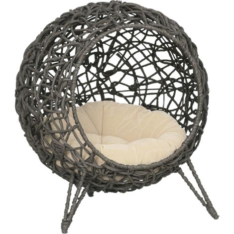 Cuccia per gatti in rattan, completa di cuscini, lettino, porticina per gatti e base rialzata, colore grigio argento, 52 cm di diametro x 58 cm di larghezza, spedita direttamente dal negozio. (1/5)