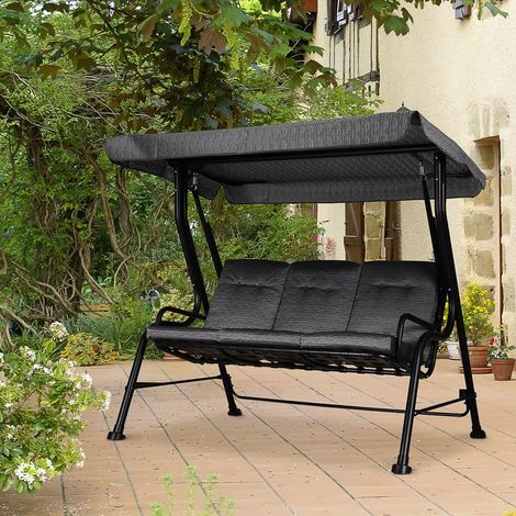 Balancelle de 3 Jardin Places Grand Confort Toit Inclinaison réglable épais Coussins Amovibles Polyester Acier époxy Gris Noir