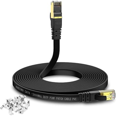 Câble Ethernet plat Cat8 de 10 m avec serre-câble, 40 Gbit/s, 2000 MHz, SSTP, pour réseau local Internet (1/5)