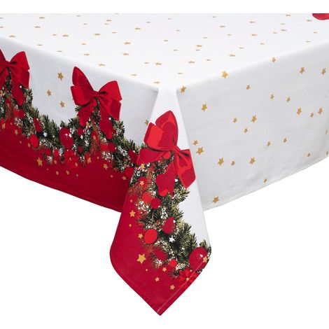 Nappe de Fêtes en Coton Blanc imprimé Guirlande Verte et Noeud Rouge 140 x 240 cm - Feeric Christmas (1/3)