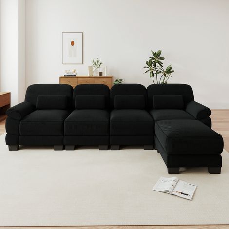 Sofá modular de 4 plazas en l con otomana de pana negra - sofá rinconera para salón de diseño moderno y confortable - 336x161x94 cm (1/5)