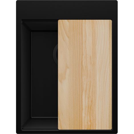PRIMAGRAN Evier Cuisine en Granit 38x50cm,Lavabo 1 bac + Kit de Vidage + Planche à Découper, Évier à Encastrer au meuble 40cm - Oslo, Tout Noir