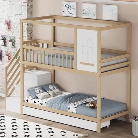 Letto a castello per bambini 90x200 cm, con scale di sicurezza e cassetti, in pino, colore legno, senza materassi (1/5)