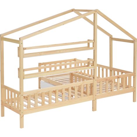 Lit cabane enfant en L avec tiroir et étagères bois naturel 90x200 + 70x140 cm (1/5)