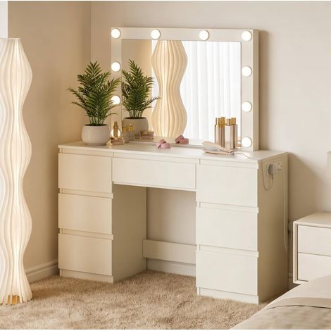 Tocador in legno multistrato bianco con specchio LED, 7 cassetti e prese integrate (1/5)