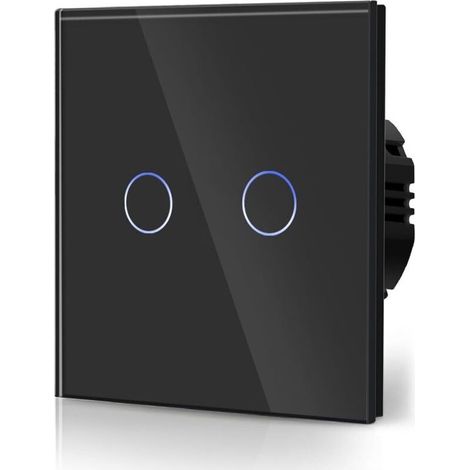 Interrupteur Tactile Normal Commutateur d'éclairage Mural Compatible avec la lumière LED Écran Tactile en Verre 110V-240V Plaque de Cristal Trempé avec Rétroéclairage Bouton 2 Gang 2 Voie Noir (1/5)