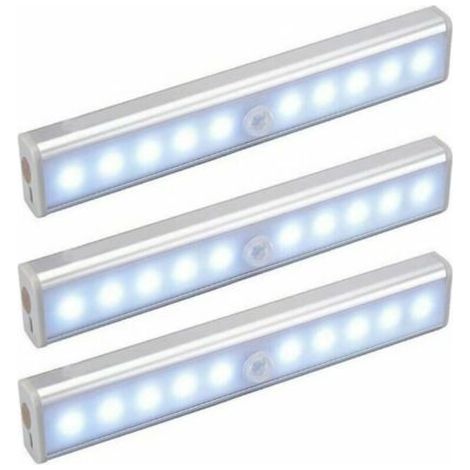 Lot de 3 Lampes 10 LED, Sans Fil, Rechargeable par USB, Aimanté, Détecteur de Mouvement, Portable. Lumière de Placard, Baladeuse de Secours, Veilleuse Enfant, Appoint (1/5)