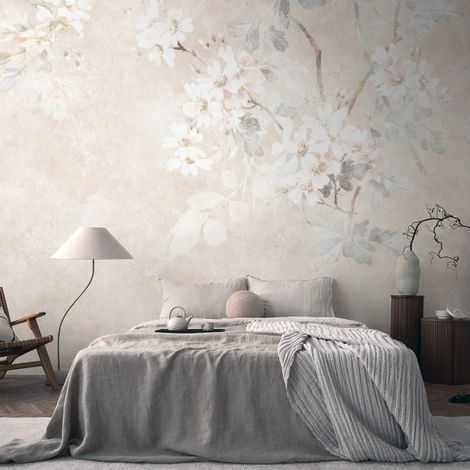 Fotomural Profhome 399191 papel pintado vinílico estampado en caliente tejido non tejido liso con dibujo floral mate beige blanco-crema gris blanco 3,71 m x 2,8 m