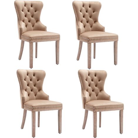 4 chaises salle à manger velours marron, rembourrées cloutées, pieds bois massif, design unique avec heurtoir - Salon/cuisine (1/5)