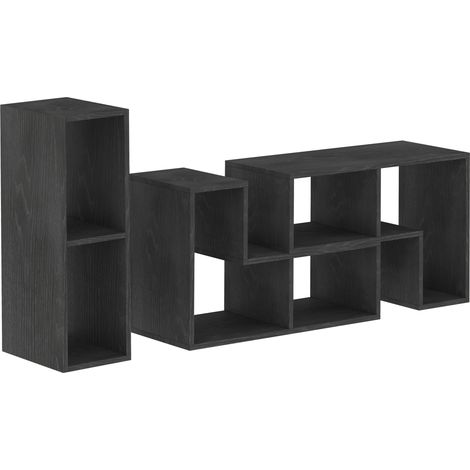 Meuble TV modulaire 75" Max avec 2 étagères en L et étagère rectangulaire, bois, noir, 134-180 x 30,5 x 44 cm