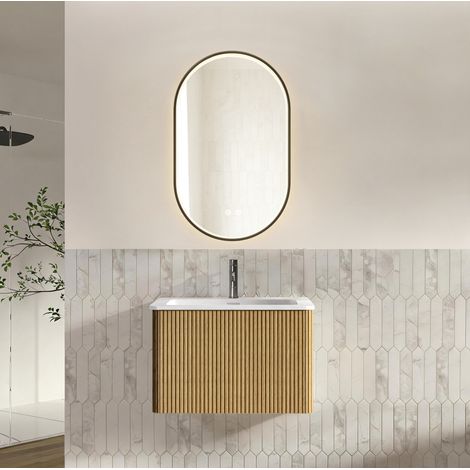 Mueble de lavabo suspendido 61x46,5x37 cm en MDF roble con espejo LED antivaho (1/5)