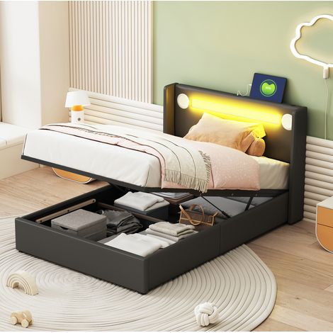 Letto contenitore 90x200 cm, letto singolo imbottito con LED, Bluetooth e ricarica USB, rete a doghe, in similpelle, nero