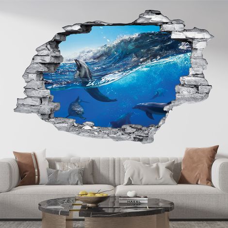 Stickers Trompe l'oeil trou dans le mur - Dauphins - 30 x 45 cm - Pierres grises (1/5)