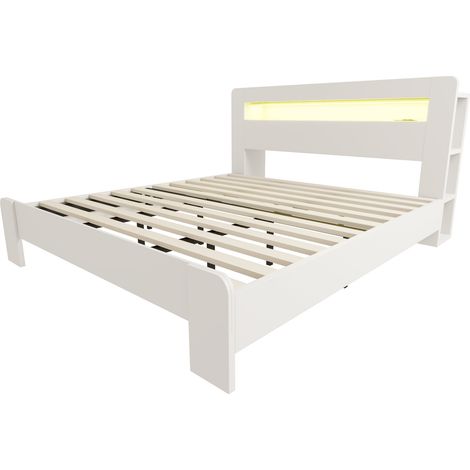 Cama plataforma de madera blanca 180 x 200 cm con cabecero de almacenaje, LED y enchufes (1/5)