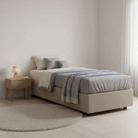 Dmora - Cama individual Dmeol, Cama contenedor con revestimiento de tela, 100% Made in Italy, Apertura frontal, con colchón Cm 90x190 incluido, Tórtola (1/5)