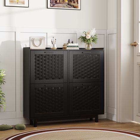 Schuhschrank – 100 x 24 x 95 cm – mit Klapptüren aus Rattangeflecht und robuster Konstruktion – eleganter und moderner Stil – Schwarz