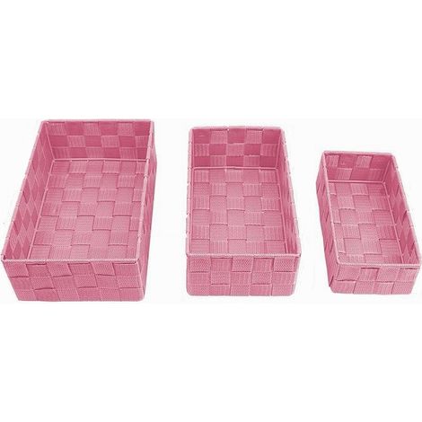 Trade Shop - Set 3 Pezzi Scatola Porta Oggetti In Tessuto Intrecciato Contenitori Rosa 79059 -
