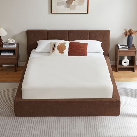 Cadre de lit 140x200 cm avec tête de lit capitonnée, structure en acier renforcée, sans boxspring, montage facile, grande stabilité, sans matelas, design moderne (1/5)