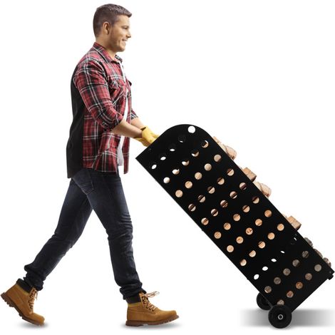 Jiubiaz Carrello per legna con ruote 42 x 35 x 112 cm con 2 ruote Capacità 60 kg telo di protezione metallo nero (1/5)