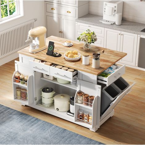 REDOM isla de cocina 138x86x92 cm, encimera abatible, espacio extraíble para basura, enchufe integrado, MDF blanco y natural (1/5)