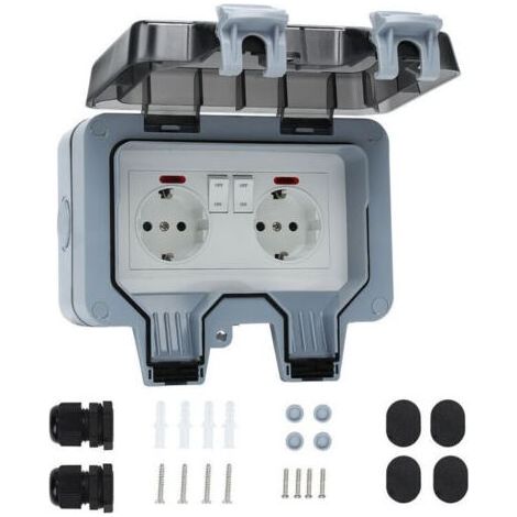 Prise Exterieure Etanche 16A IP66 Double Prise de Courant et Volet de Protection Multiprise Electrique Murale de Jardin, Prise Anti-Poussière et Coupe-Vent avec Interrupteur, Voyant Lumineux (1/4)