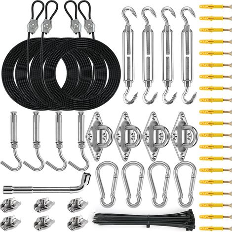 Kit de Quincaillerie pour Voile d'Ombre - Comprend 4 Câbles Nylon de 3m et Pièces en Acier Inoxydable 304, pour Voiles Rectangulaires/Triangulaires, Jardin et Terrasse (1/5)
