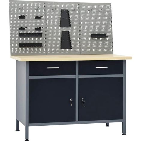 Banco da lavoro da 120 cm con 3 pannelli a parete e 1 armadio da officina tavolo da lavoro grigio nero 020003658