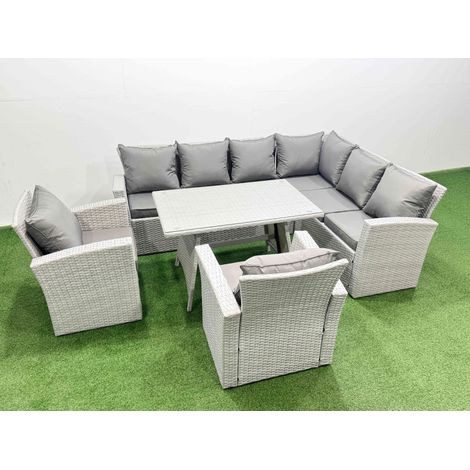 Fimous 8 Seater Garden Outdoor Rattan Furniture Set Rattan Corner Sofa Oblong Dining Table with 2 Armchairs Light Grey Mixed (1/5)