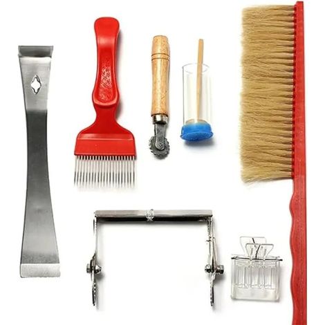 Set di 7 pezzi per apicoltura, spazzola per api, coltello per miele, fessura, raschietto per telaini, marcatore, clip per gabbie Bottle King, dispositivo per l'inserimento di filo, attrezzi per apicol (1/5)