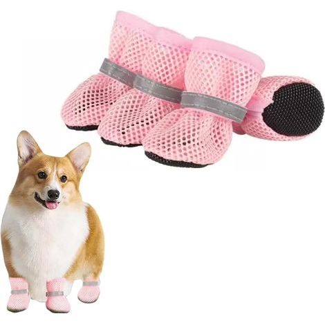 Bottes et chaussons pour chiens, Un ensemble de 4 bottes pour chien en maille respirante, réglables et antidérapantes, adaptées aux petits chiens et aux chats (rose) (1/5)