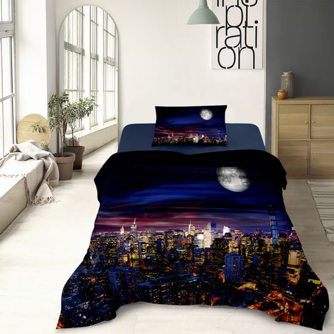 Completo Letto Lenzuola 100% Cotone Set Lenzuolo Moderno Sotto Sopra Federe Due Stampe In Altissima Definizione Dis61manhattan - Una Piazza e Mezza