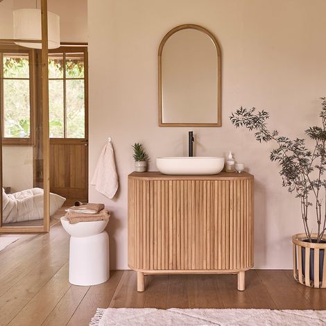 Berah Getah – Meuble sous vasque en teck massif 92 cm – Hauteur 79 cm – Largeur 90 cm – Profondeur 55 cm – Esthétique contemporaine (1/5)