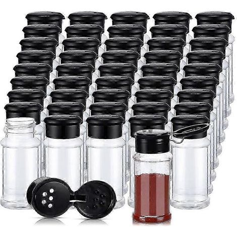 Lot de 50 pots à épices en plastique avec couvercles saupoudreurs, contenants à épices, flacons à épices en plastique, pots saupoudreurs d'assaisonnement, 100 ml (3,3 oz), noir jn (1/5)