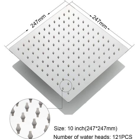 Douche carrée en inox ultra-plat, pommeau haute pression et économe en eau, anti-calcaire pour salle de bain, 24,7 cm. (1/4)