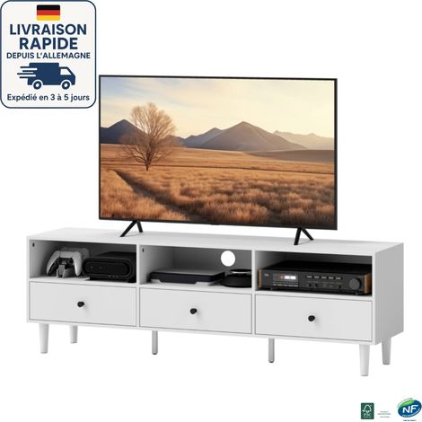 MODFU - Mueble de TV blanco con 3 cajones, apto para televisores de hasta 75 pulgadas, mueble bajo para salón o dormitorio, 140 x 34 x 45 cm (1/5)