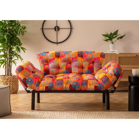 Les Tendances – Canapé convertible 2 places patchwork – Longueur 155 cm – Lit 187 x 73 cm – Accoudoirs réglables – Structure métal et mousse ultra-douce (1/5)