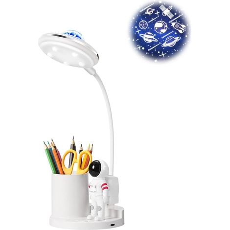 Schreibtischlampe Kinder, Sternenhimmel Projektor LED Tragbar Tischlampe Nachttischlampe mit Ladefunktion Leselampe mit Bleistifthalter für Student Schlafsaal Studie Lesen Kind Geschenke [Energieklass