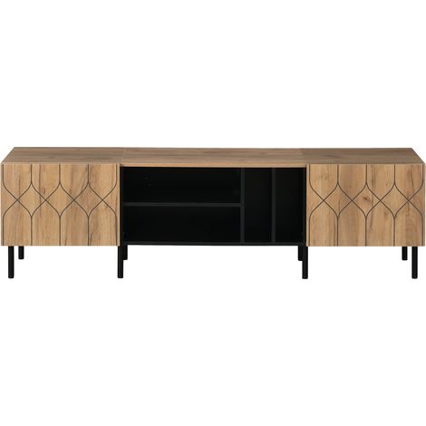 Meuble TV naturel avec 2 portes et 4 étagères ouvertes, 180x40x50 cm, pour TV jusqu'à 70 pouces (1/5)